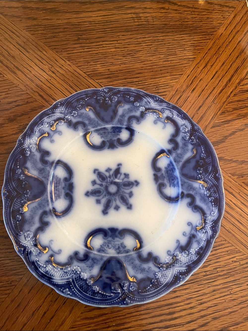 Blue and White Decorative Porcelain Serving Plate with Gold Accents